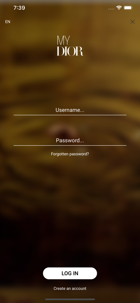 Login screen for the MY DIOR internal employee training and engagement application