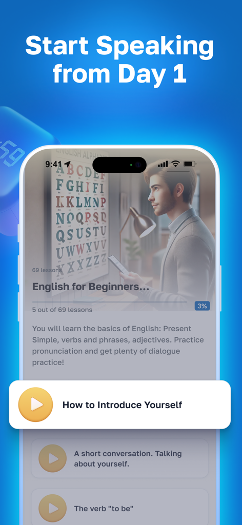 Lisn Learn Speak English Audio - Lisn app interface showing beginner English audio lessons for speaking practice