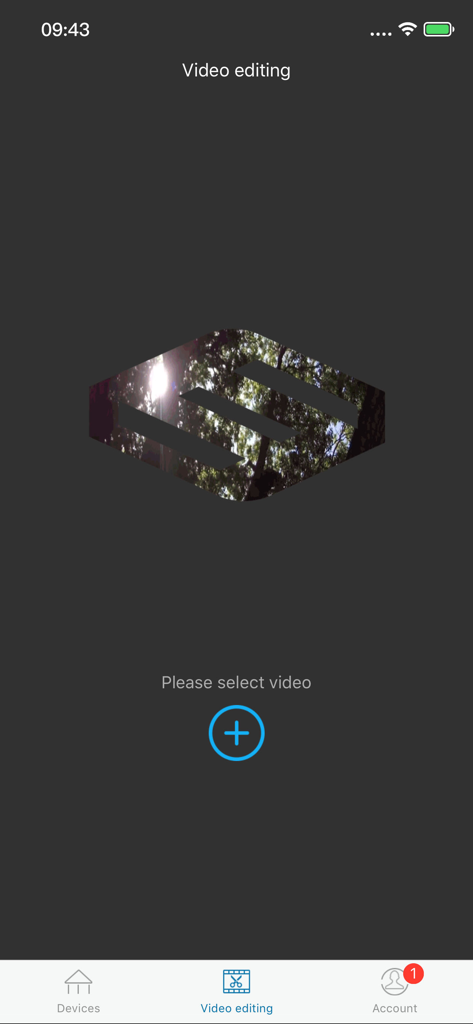 Ez iCam - Ez iCam mobile app video editing interface showing a plus button to select a video