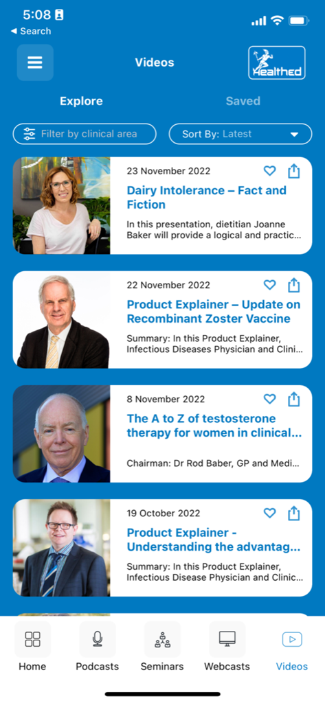 Healthed - The Healthed app screen showing a library of educational medical videos for healthcare professionals