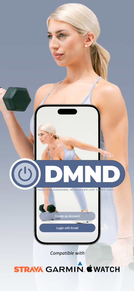 ON-DMND - Un smartphone affichant l'écran de connexion de l'application de fitness ON-DMND avec une femme tenant un haltère en arrière-plan et des logos de compatibilité avec les appareils connectés