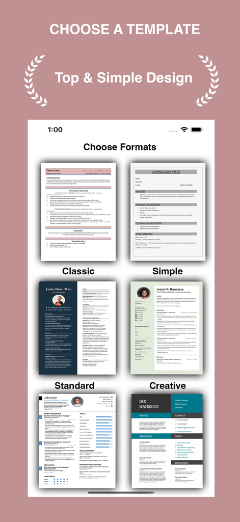 Uma interface móvel exibindo vários modelos de currículo e CV profissionais em estilos clássico, simples, padrão e criativo