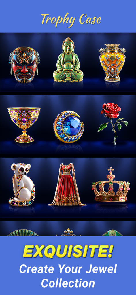 A trophy case displaying various exquisite jeweled artifacts and collectibles in the Jewelscape app.