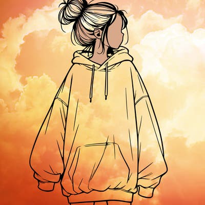 realistic girl with a oversized sweatshirt on and a bun