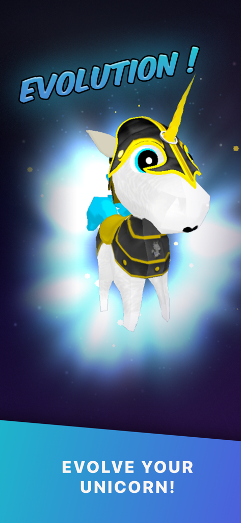 Armored unicorn evolution with a glowing horn in a space background from Tap Tap Beats music game