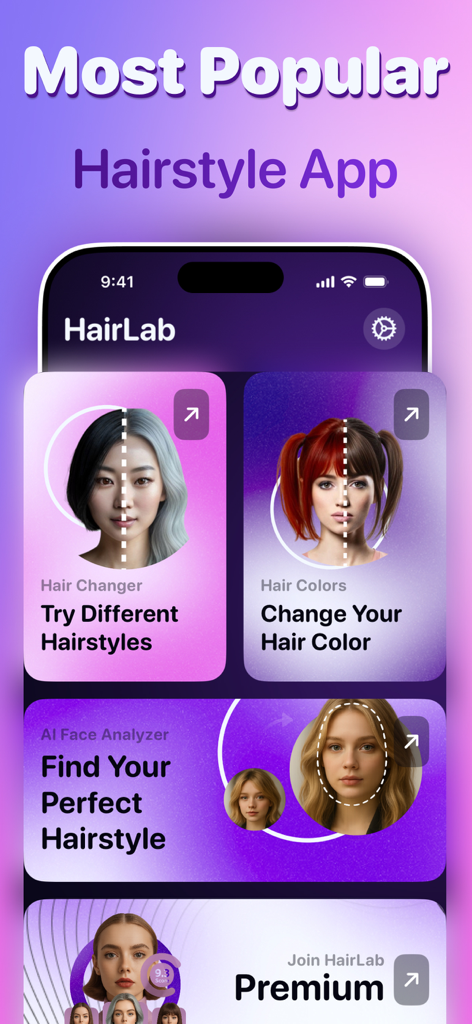 HairLab: Hair Cut Filter Color - Interfaz de la aplicación HairLab que muestra el cambiador de pelo con IA y filtros de color
