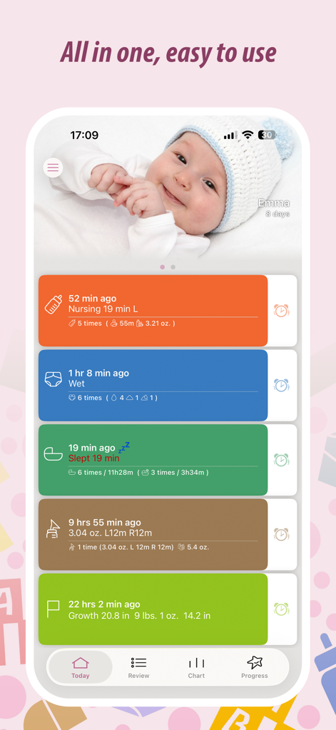 Baby Tracker Pro (Newborn Log) - Captura de pantalla de la interfaz del panel de Baby Tracker Pro que muestra registros de lactancia, pañales, sueño, extracción y crecimiento