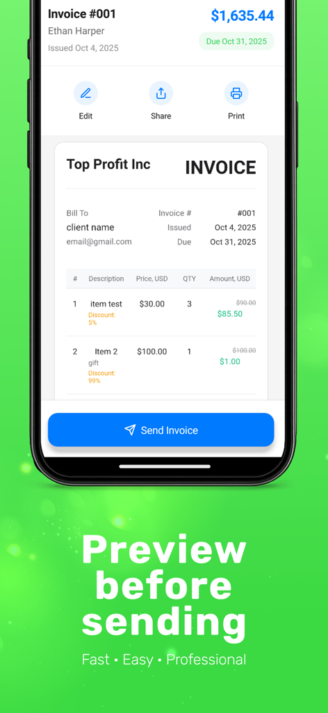 Invoice Maker: PDF & Billing - プロフェッショナルなPDF請求書のプレビューと送信ボタンを表示するモバイルアプリ画面。