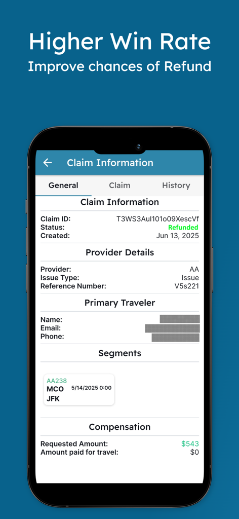 RefundMe AI travel claims - Mobile app interface displaying a successfully refunded travel claim with flight and compensation details