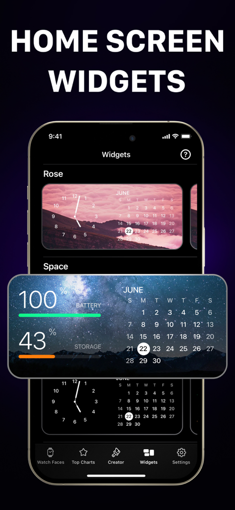 App interface showing customizable home screen widgets for Apple Watch faces with calendar and battery levels