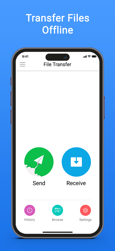 Pantalla de inicio de la aplicación móvil para Share Connect y File Transfer que muestra botones de enviar y recibir para la transferencia de archivos sin conexión.