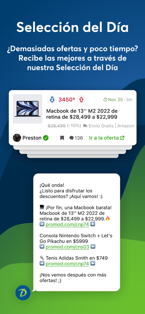 PromoDescuentos: ofertas - Interfaz de la app PromoDescuentos mostrando la función Selección Diaria con ofertas seleccionadas de electrónica y moda.