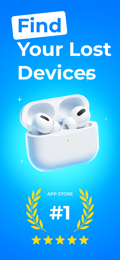 Find My Airbuds Device Finder - Promotional screen for Find My Airbuds app displaying wireless earbuds and top ranking badge