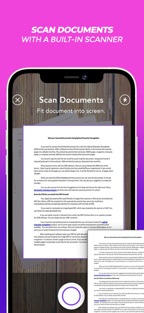 Simple Fax - Fax From iPhone - Document scanning interface in the Simple Fax mobile app