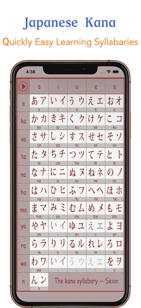 Japanese Kana - Um gráfico de caracteres hiragana e katakana japoneses com romanização em uma tela de celular