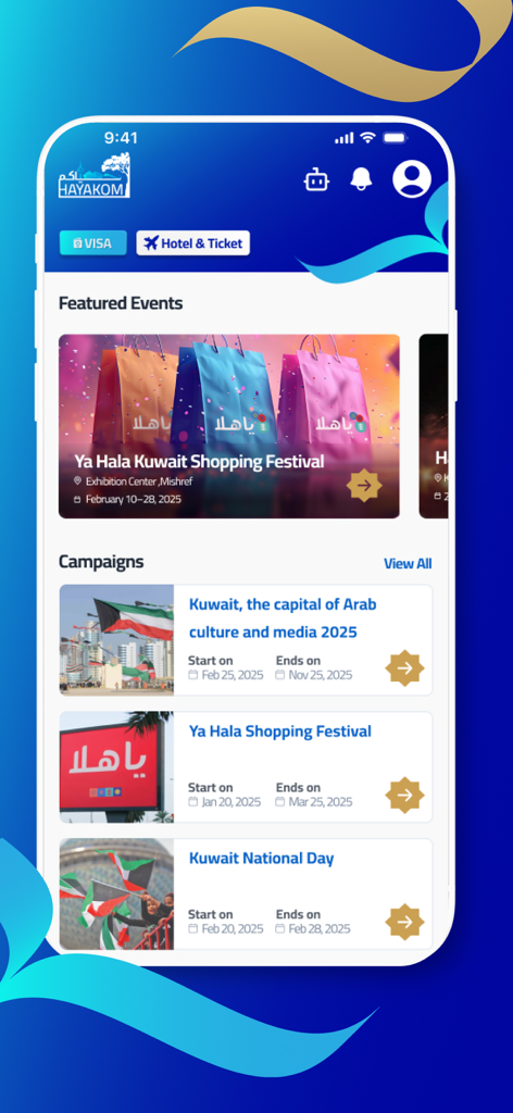 Hayakom - حياكم - Mobile app interface of Hayakom showing featured events and shopping festival campaigns in Kuwait