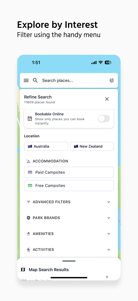 CamperMate Australia & NZ - CamperMateアプリの検索絞り込み画面。オーストラリアとニュージーランドのキャンプ場、アメニティ、場所のフィルターを表示しています。