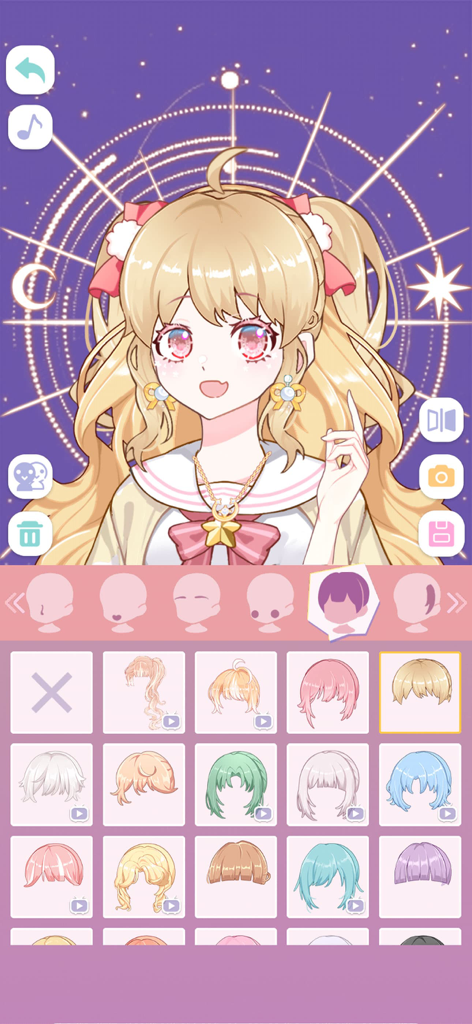 Anime Avatar Maker,Creator - Hairstyle selection screen for an anime character creator featuring a blonde girl in a sailor outfit