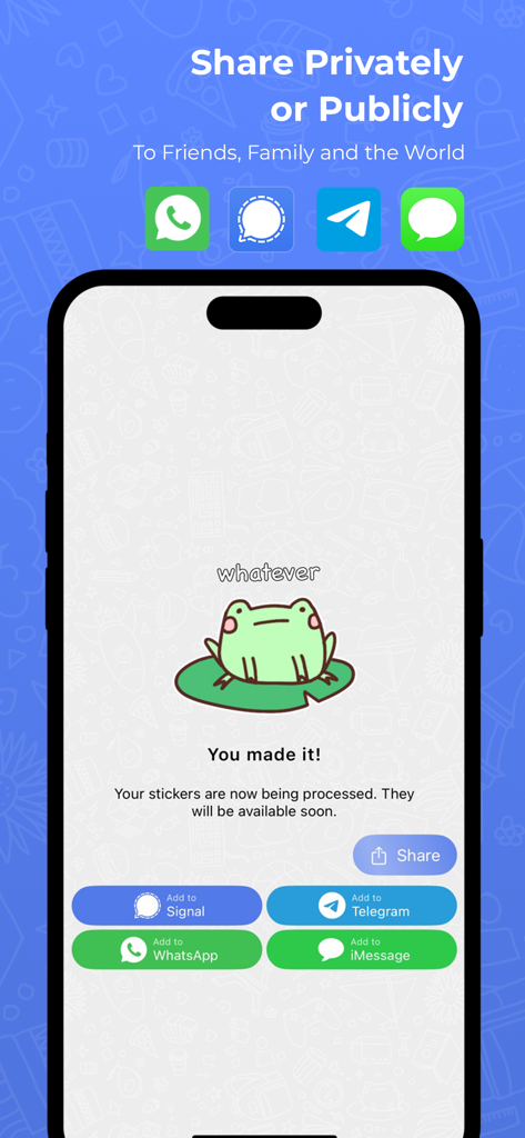SigStick 앱 인터페이스에서 WhatsApp Telegram Signal 및 iMessage에 개구리 스티커를 추가하는 옵션이 표시됩니다.