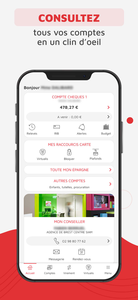 CMSO Suivi de compte et budget - Tableau de bord de l'application bancaire mobile CMSO affichant le solde des comptes, les raccourcis de gestion de cartes et les informations de contact du conseiller