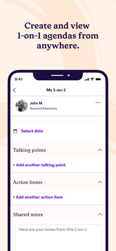 15Five mobile app screen showing a one on one meeting agenda with sections for talking points and action items