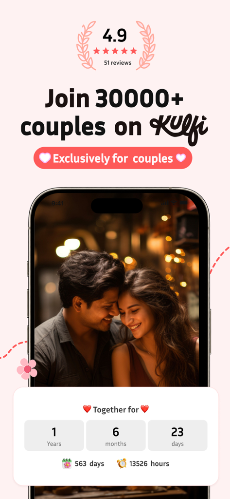 Kulfi app screen displaying a relationship milestone counter for a couple together for over one year