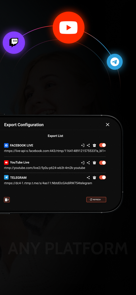 Omnistream Live Video Creator - Omnistream app export configuration screen showing multi-platform streaming settings for Facebook Live YouTube and Telegram