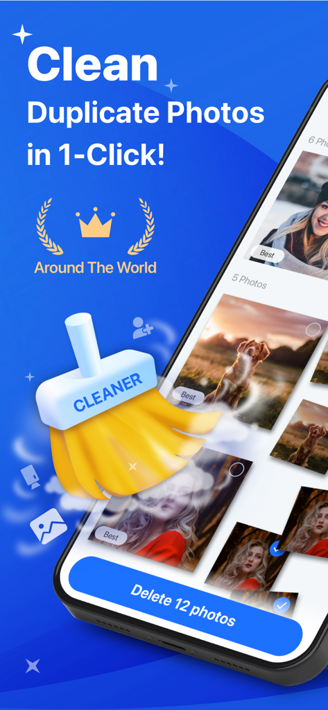 Pantalla de la aplicación Phone Cleaner mostrando una función de eliminación de fotos duplicadas con un clic con identificación por IA de las mejores fotos para conservar