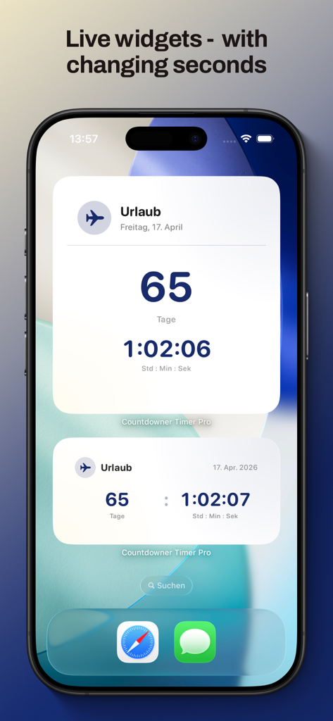 Countdowner Timer Pro - iPhone home screen showing two live countdown widgets for a vacation event