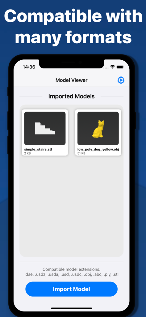 3D Model Viewer - AR & Print - Interface of 3D Model Viewer app showing imported STL and OBJ models and a list of supported file formats.