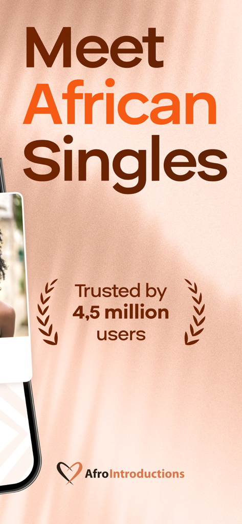AfroIntroductions: Afro Dating - AfroIntroductions 앱 홍보 그래픽 (아프리카계 싱글을 만나세요 및 450만 사용자 신뢰 문구 포함)