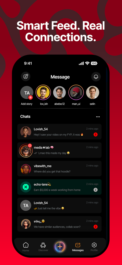 Sydro - Sydro app messaging interface showing chat list and user stories