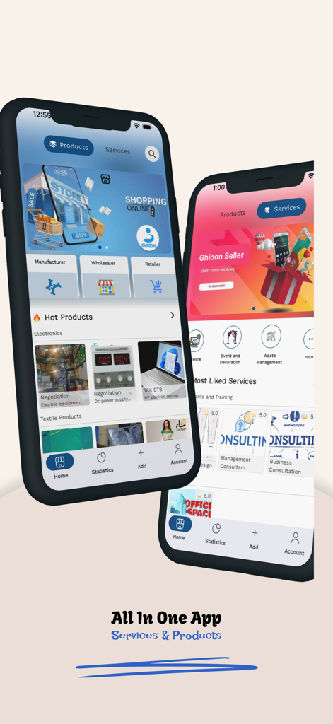 Two mobile phones displaying the Ghioon B2B app interface showing both business products and professional services