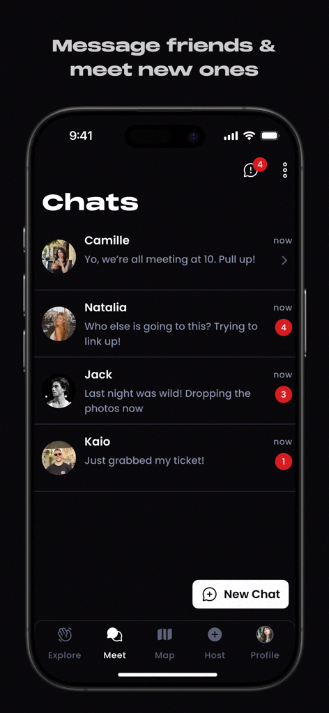 Plots - Host & Find Events - In-app chat interface of Plots showing messages between friends organizing social events and nightlife.
