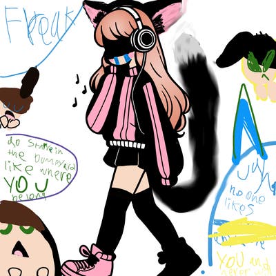 girl with leg warmers and long sweater and sneakers listening to music