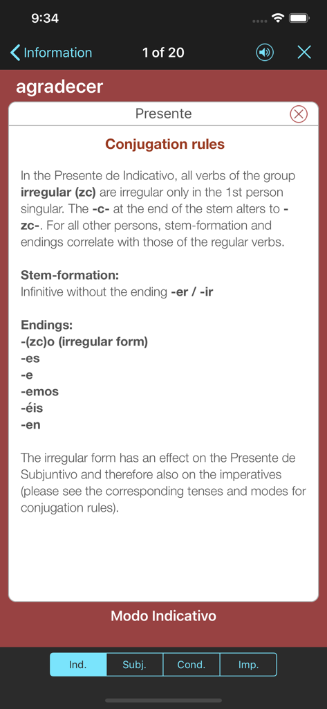 Reglas de conjugación detalladas para el verbo español agradecer en VerbForms Español
