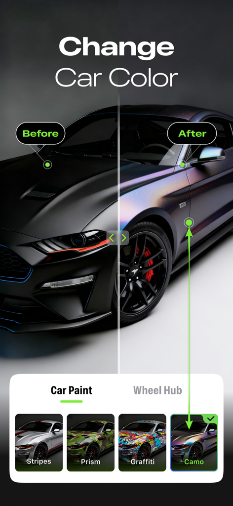 Car Editor & AI Car Designer - Before and after view of a car paint transformation using the AI car designer app