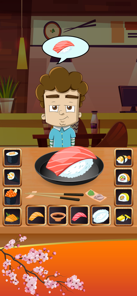 Sushi Maker - Japanese Cooking - A cartoon customer ordering nigiri sushi in the Sushi Maker mobile game interface.