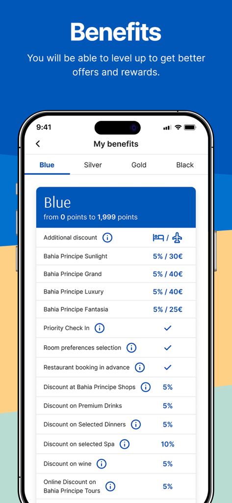 Bahia Principe Hotels - Pantalla de beneficios y recompensas del programa de fidelidad de Hoteles Bahia Principe