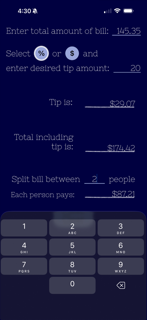 TipCalculator - Easy Peasy - Tip calculator app screen showing bill total tip calculation and split cost per person