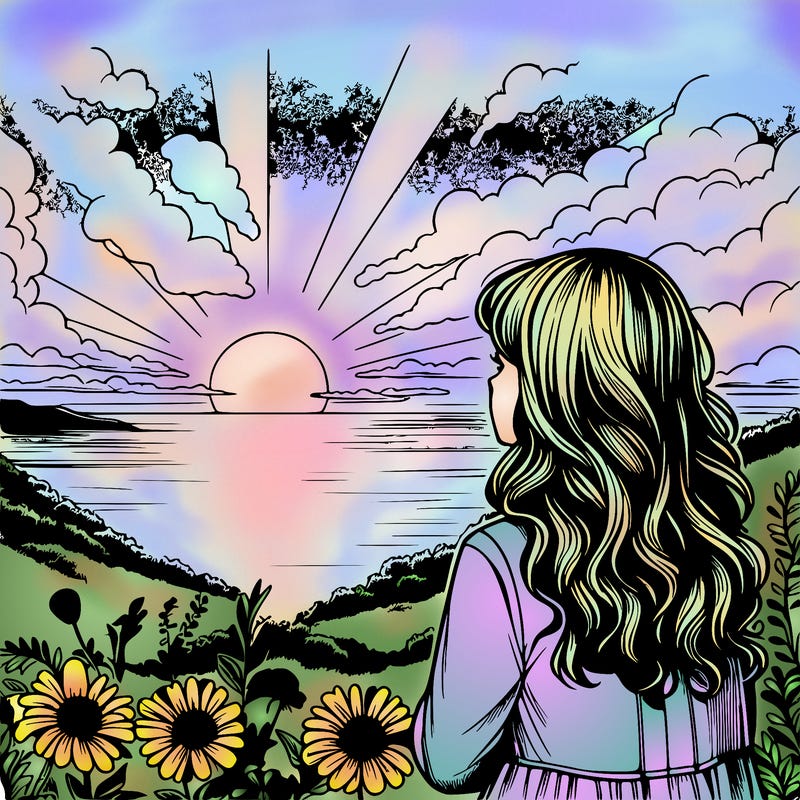 girl watching the sunset realistic