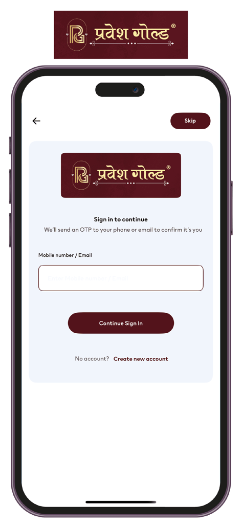 Pravesh Gold - Sign in screen of the Pravesh Gold app featuring mobile and email login options for jewelry shopping.