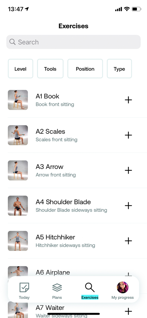 Spiralista - Back & Spine Care - Spiralista mobile app screen showing a list of spinal stabilization exercises with search and filter options.