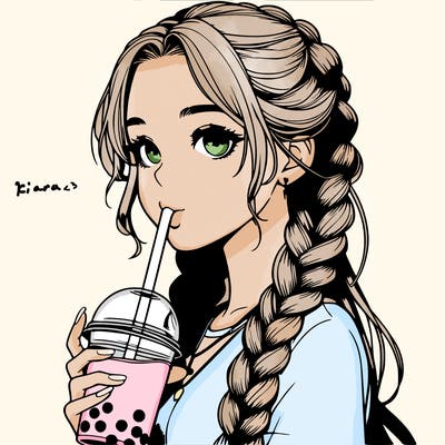 realistic girl with braided hair drinking boba