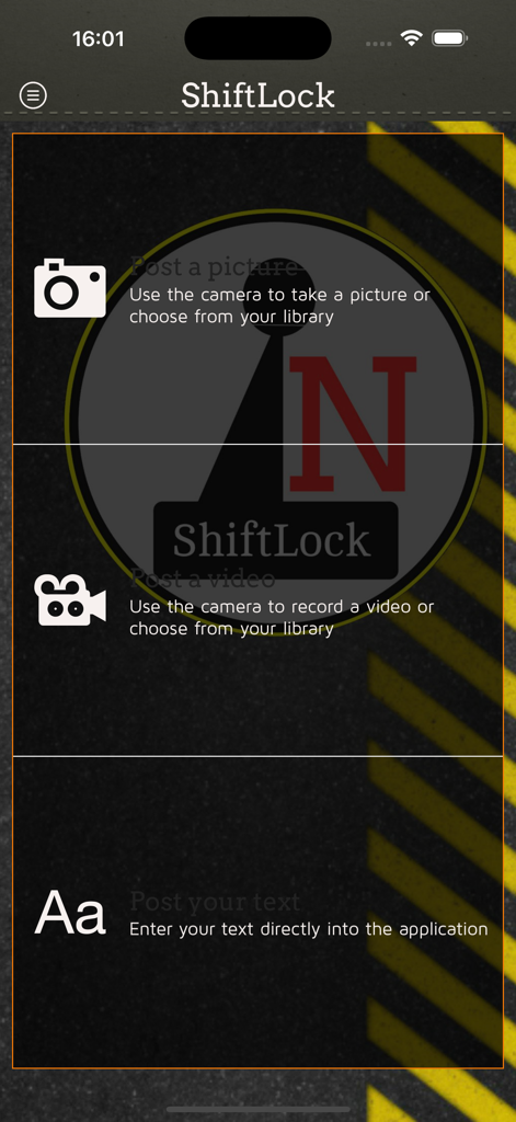 ShiftLock - ShiftLock app interface showing options to post pictures, videos, or text for vehicle recovery documentation.
