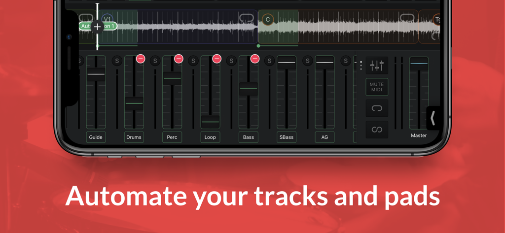 Playback - スマートフォン上のプレイバックアプリのインターフェース。マルチトラックオーディオミキシングとオートメーションコントロールを表示。