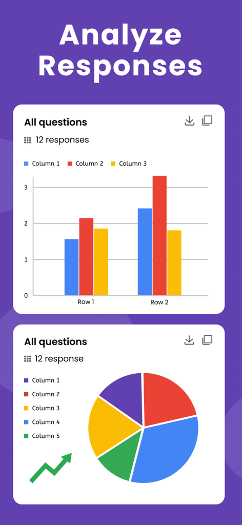Mobile App-Oberfläche mit bunten Balken- und Tortendiagrammen zur Analyse von Umfrageantworten.