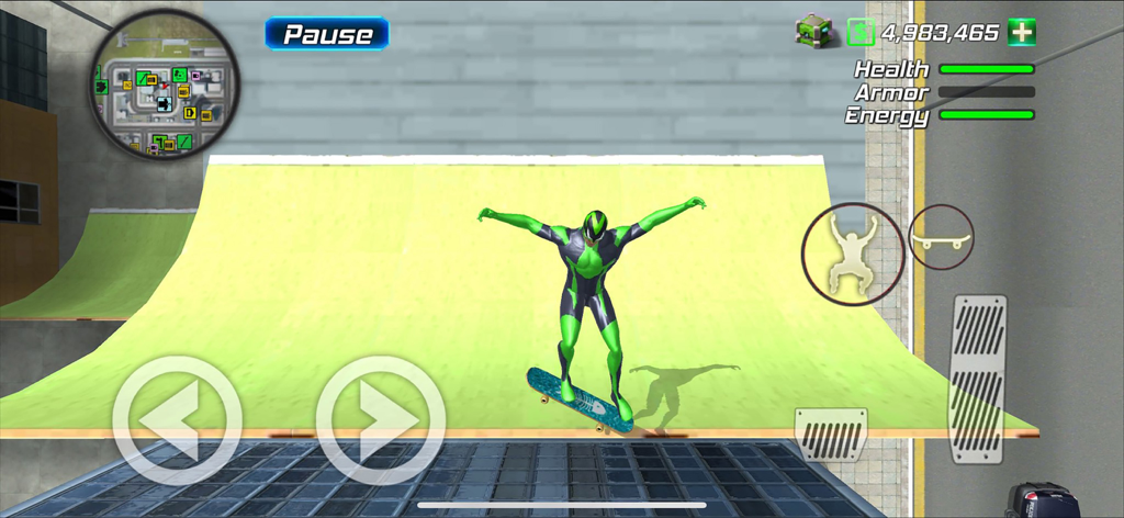 Amazing Rope Police - Un personaje superhéroe verde y negro realizando acrobacias en un monopatín en un entorno de ciudad.