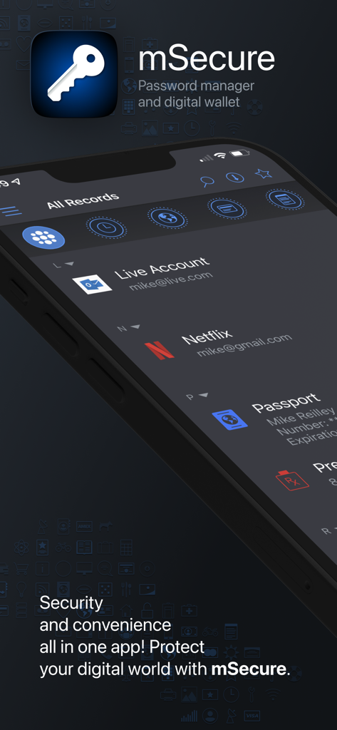 mSecure app interface showing password manager and digital wallet features on a smartphone screen
