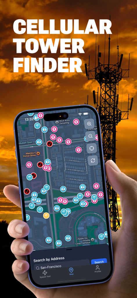 Cellular Tower － Finder Signal - さまざまなネットワークキャリアからの多数のセルタワーの場所を示すマップを表示しているスマートフォンの画面